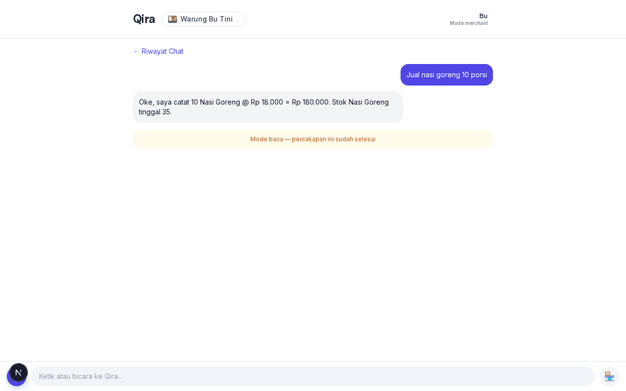 Riwayat percakapan AI menampilkan input pengguna dan jawaban konfirmasi