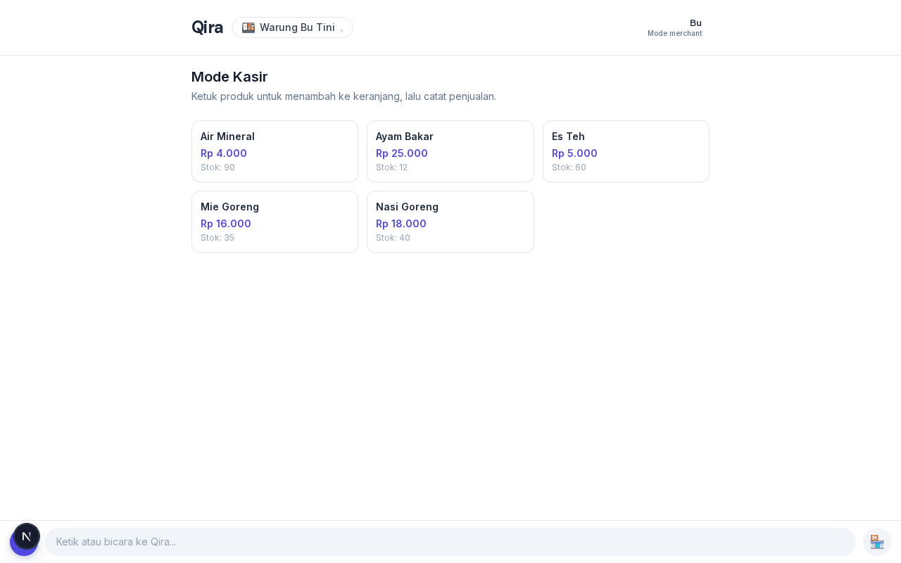 Grid produk Mode Kasir — setiap kartu menampilkan nama, harga, dan stok saat ini