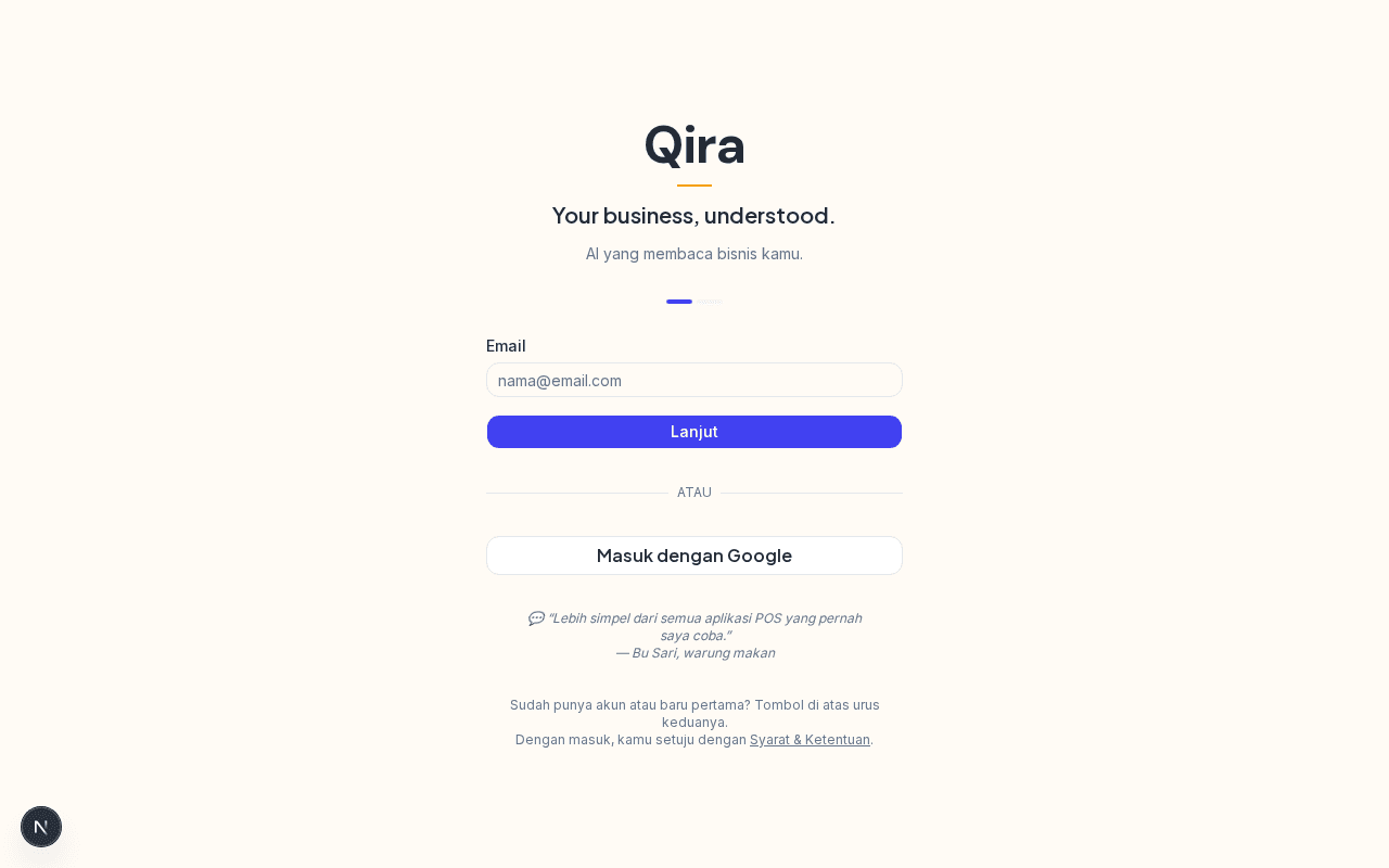 Halaman login Qira menampilkan kolom email, tombol Lanjut, dan tombol masuk dengan Google