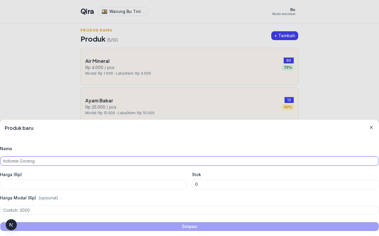 Drawer edit produk — field Harga Modal (Rp) terlihat di bawah Harga Jual